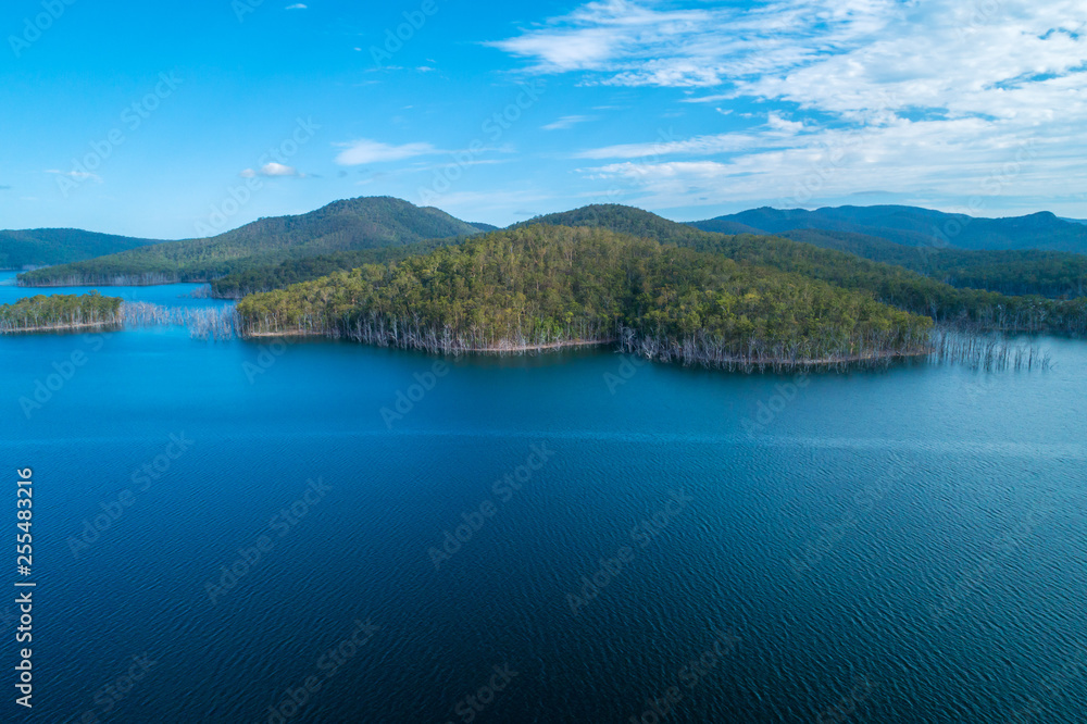 Aerial view of bare trees growing from water and forested hills at Advancetown Lake in Queensland, Australia Aerial view of bare trees growing from water and forested hills at Advancetown Lake in Queensland, Australia