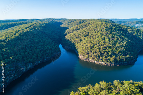 Aerial landscape of scenic Lake Nepean and green forested hills. Bargo, New South Wales, Australia