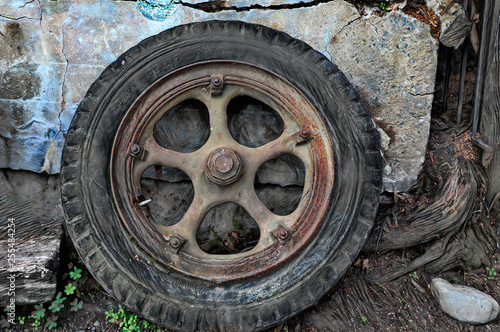 Old wheel and tire in Port Costa, California