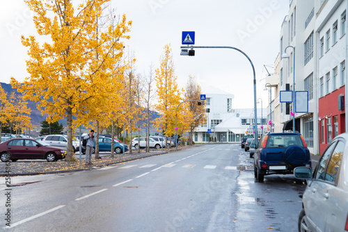 Beautiful street view in the morning time in autumn in downtown Akureyri city  Iceland