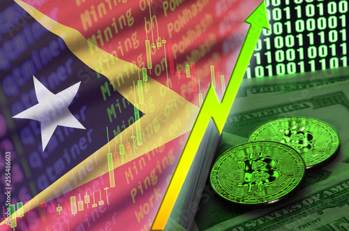 Timor Leste flag and cryptocurrency growing trend with two bitcoins on dollar bills and binary code display photo