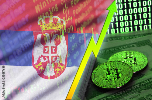 Serbia flag and cryptocurrency growing trend with two bitcoins on dollar bills and binary code display photo