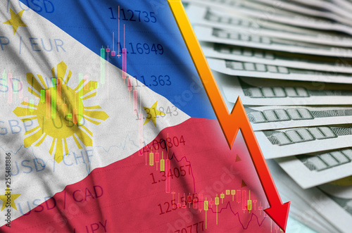 Philippines flag and chart falling US dollar position with a fan of dollar bills photo