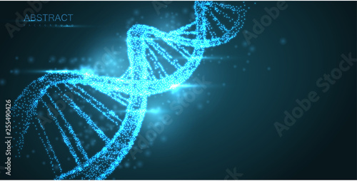 Abstract luminous DNA molecule, neon helix on green background. Medical science, genetic, biotechnology, chemistry, biology.