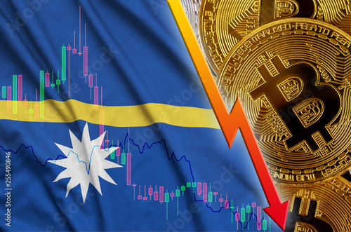 Nauru flag and cryptocurrency falling trend with many golden bitcoins photo