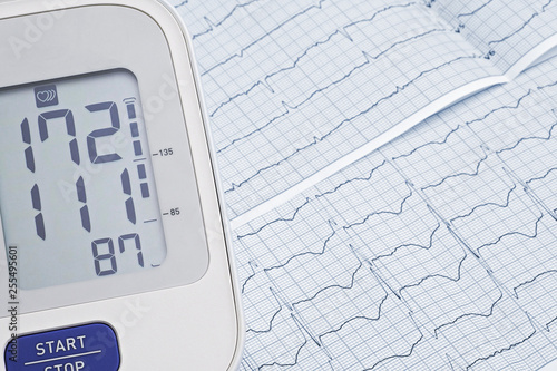 automatic blood pressure meter on cardiogram graph background with copy space