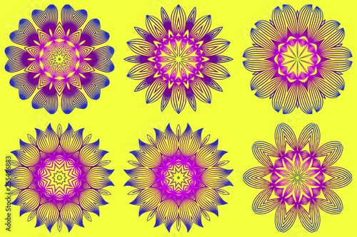 Set of Vector With Mandala Pattern. Repeating Sample Figure And Line. Modern Decorative Floral Color Mandala. Yellow purple color