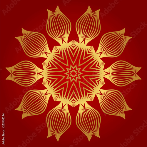 Ornamental Round Lace. Sacred Oriental Mandala. Color Floral Ornament. Modern Decorative Vector Illustration. Luxury red gold color