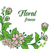 Vector illustration pink floral frame blooms with green leaves