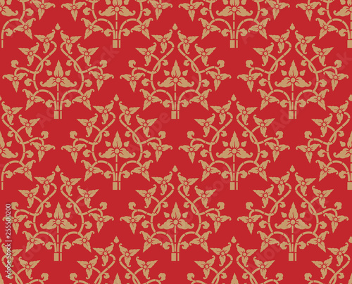 vintage golden floral pattern seamless on red background, royal, Lanna draw style