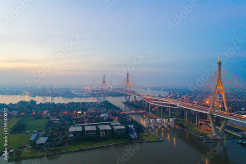 Aerial view of Bangkok city building with traffic road on Bhumibol bridge