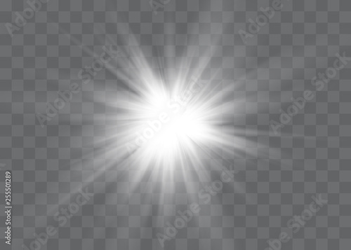 White glowing light explodes on a transparent background. Vector illustration of light decoration effect with ray.