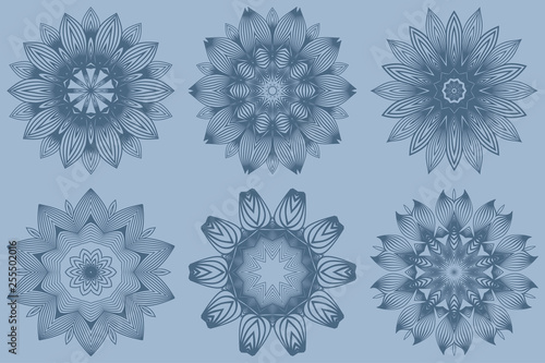 Set of Vector Round Abstract Mandala Style Decorative Element. Hand-Drawn Vector Illustration. Can Be Used For Textile, Greeting Card, Coloring Book, Phone Case Print. Pastel blue color