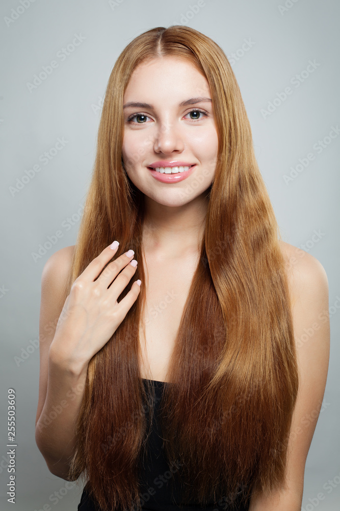 Cheerful woman with healthy natural hair on white background. Cute girl with straight hairstyle Stock Photo | Adobe Stock Cheerful woman with healthy natural hair on white background. Cute girl with straight hairstyle Stock Photo | Adobe Stock