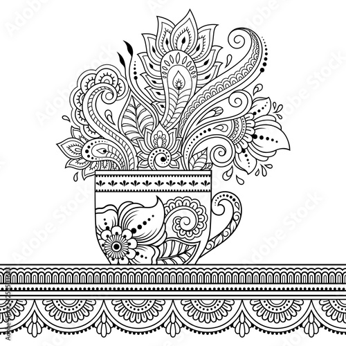 Stylized with henna tattoos decorative pattern in form of cup of coffee for decorating covers for book, notebook, casket and magazine. Flower in mehndi style in eastern tradition. Coloring book page.