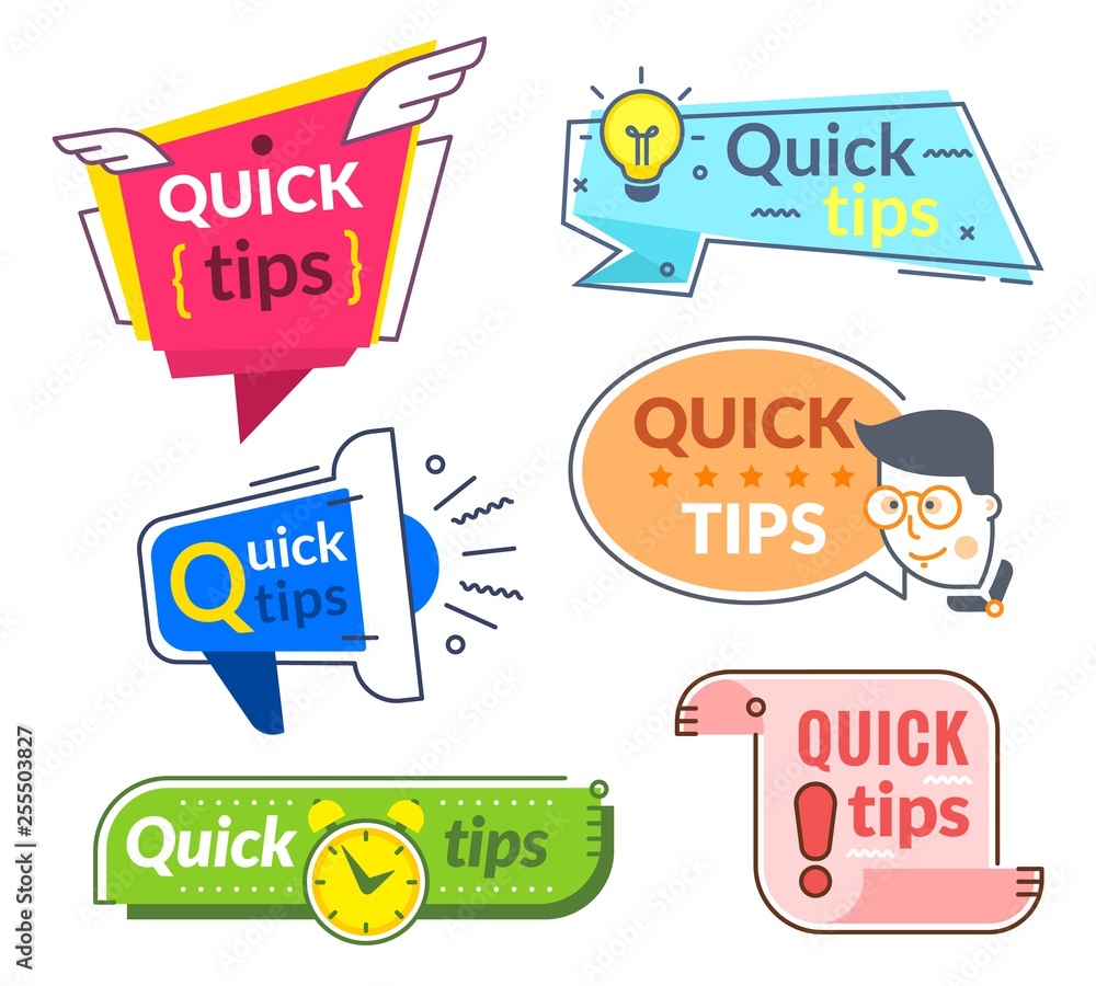 Quick tip labels. Tips and tricks suggestion, quickly help advice. Helpful service vector banners set Quick tip labels. Tips and tricks suggestion, quickly help advice. Helpful service vector banners set