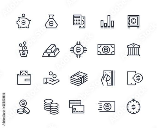 Finance line icons. Money business account, currency management finance audition money calculating. Business investment vector symbols