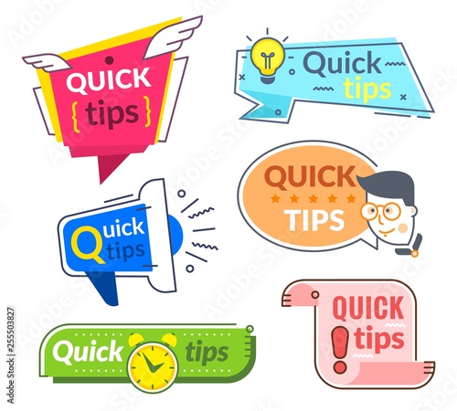 Quick tip labels. Tips and tricks suggestion, quickly help advice. Helpful service vector banners set