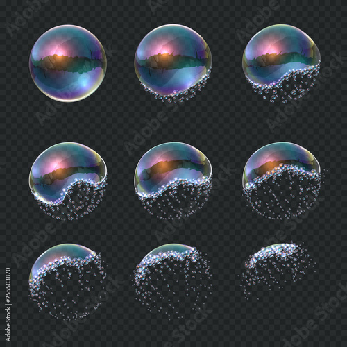 Soap bubble explode. Realistic water sphere explosion, transparent blue reflections isolated soap foam balloon. Vector exploding 3d ball