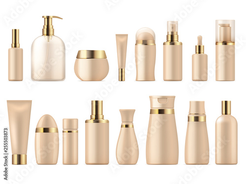 Realistic cosmetic package. Gold beauty product 3D mockup shampoo bottle lotion pump. Luxury package golden vector template