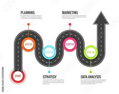 Road journey infographic. Trip directional map winding road, travel to success. Footpath way vector concept