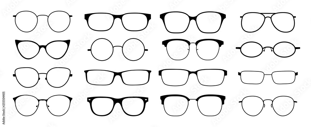 Glasses silhouette. Sun glasses hipster frame set, fashion black plastic  rims, round geek style retro nerd glasses. Vector sun glasses set Stock  Vector | Adobe Stock