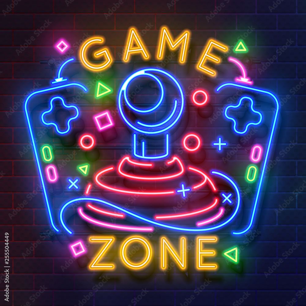 Retro game neon sign. Video games night light symbol, glowing gamer poster,  gaming club banner. Vector retro neon flyer icon Stock Vector