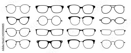 Glasses silhouette. Sun glasses hipster frame set, fashion black plastic rims, round geek style retro nerd glasses. Vector sun glasses set photo