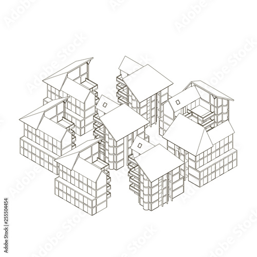 Contour of houses. Isometric view. 3D. Vector illustration