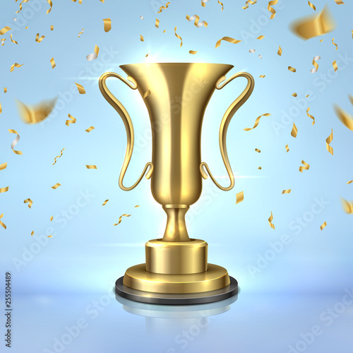 Golden award. Realistic champion cup, 3D winner trophy design template, leadership concept with confetti. Vector golden prize on blue