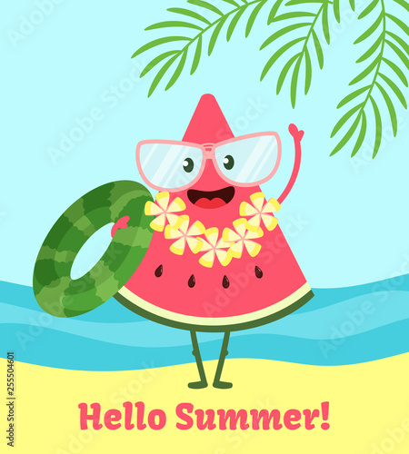 Watermelon summer poster. Poster design with vector watermelon character, funny happ background