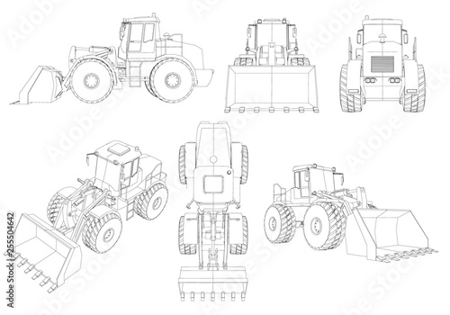 Set with contours of the bulldozer. 3D. Black line bulldozer isolated on white background. Bulldozer from different angles. Vector illustration