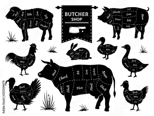 Butcher diagrams. Animal meat cuts, cow pig rabbit lamb rooster domestic animals silhouettes. Vector retro butcher shop logos set
