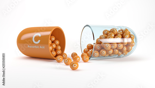 3d rendering of a vitamin capsule with vitamin C - ascorbic acid