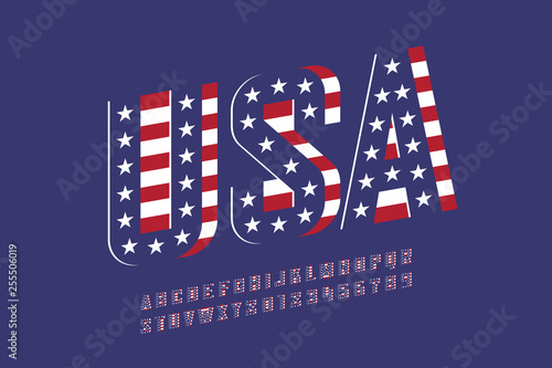 USA national flag style font, alphabet letters and numbers