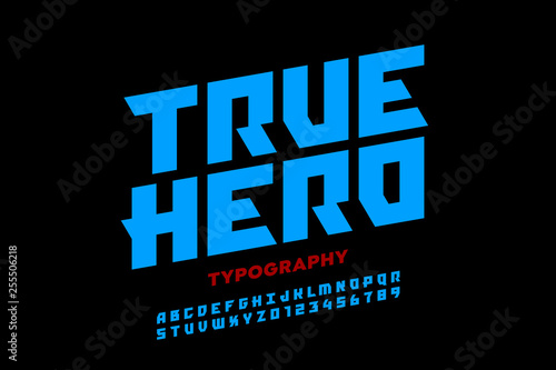 Comics style font design, superhero inspired alphabet, true hero, alphabet letters and numbers