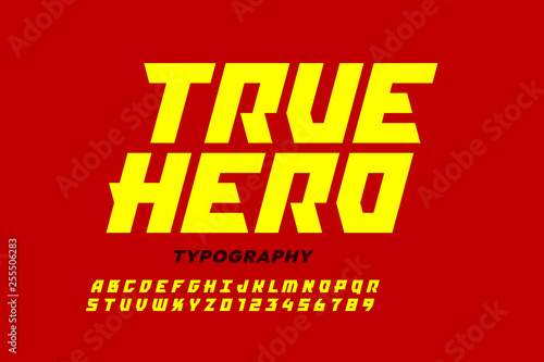 Comics style font design, superhero inspired alphabet, true hero, alphabet letters and numbers