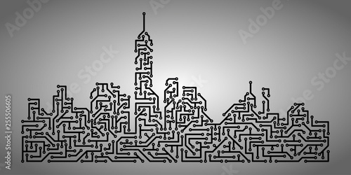 New York city skyline silhouette made in the form of electronic circuit board.