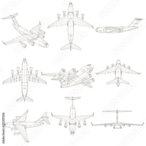 Set with contours of the aircraft. The contours of the aircraft from different points of view. 3D. Vector illustration