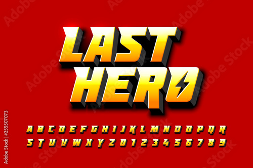Comics style font design, superhero inspired alphabet, last hero, letters and numbers