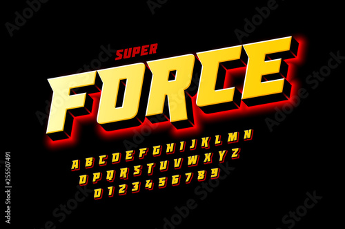 Comics style font design, super force, alphabet letters and numbers vector illustration