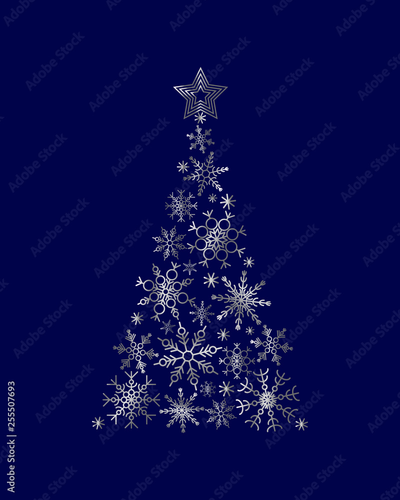 Silver snowflake Christmas tree on blue background. Holiday design, triangle snowflakes. New Yaer template for card, invitation, sale, web, post. Greeting card trendy design Silver snowflake Christmas tree on blue background. Holiday design, triangle snowflakes. New Yaer template for card, invitation, sale, web, post. Greeting card trendy design