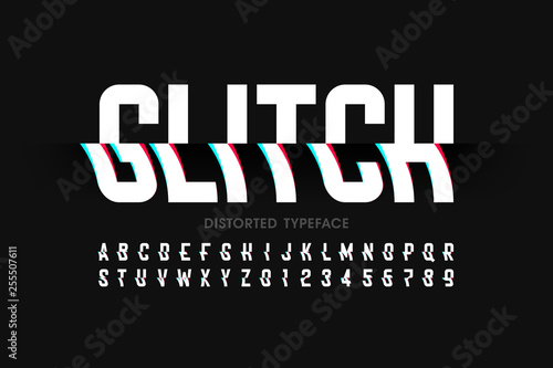 Glitch font with distorted effect, alphabet letters and numbers