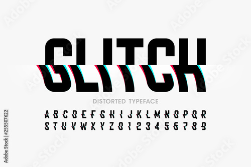 Glitch font with distorted effect, alphabet letters and numbers