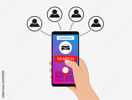 Carpool illustration in flat design. Carpooling ride service - search for carsharing auto from your smartphone while other people are looking for a vehicle