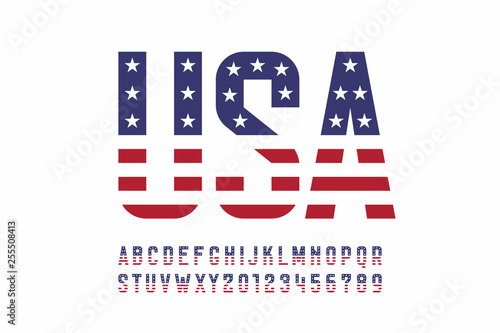 USA national flag style font, alphabet letters and numbers photo