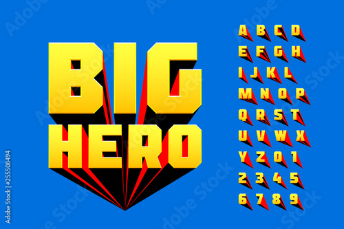 Comics style font design, superhero inspired alphabet, big hero, letters and numbers