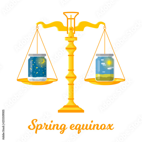 Vector flat illustration of the spring (vernal) equinox. Design concept with scales of justice symbolizing equal duration of daytime and nighttime.