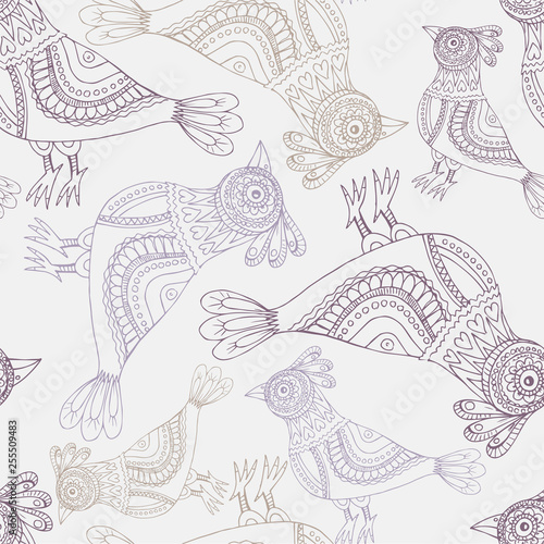 Vintage bird seamless pattern. Decorative parrots and peacocks seamless background