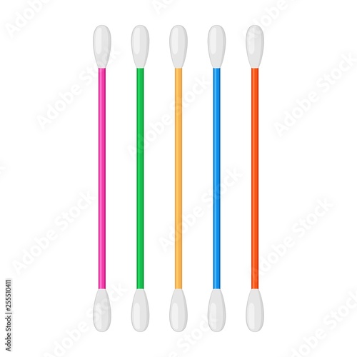 Cotton swab isolated on white background. Care and hygiene. Colorful ear and cosmetic buds. Wooden ear stick. Bath and makeup symbols.. Vector illustration